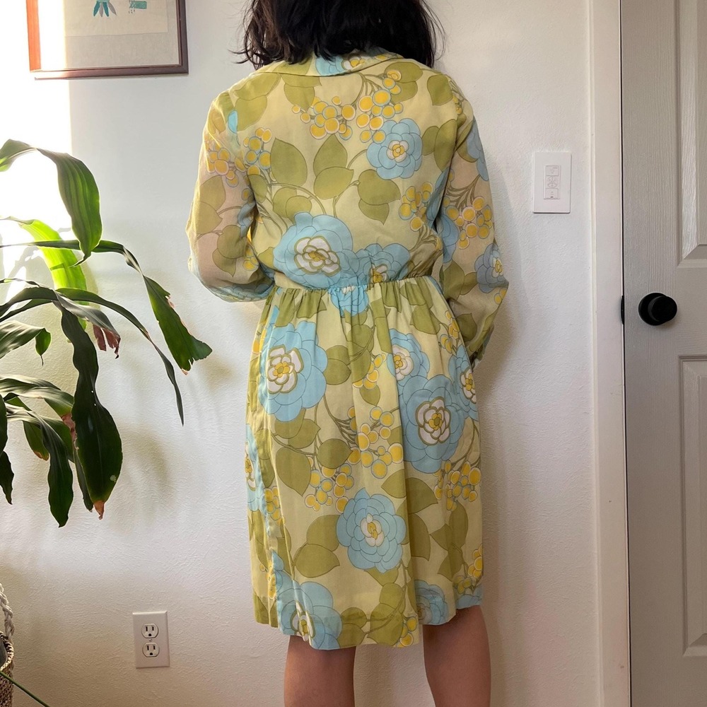 Vintage 60s Floral Dress Long Sleeve Blue Yellow Small Medium romantic Boho - Picture 6 of 12
